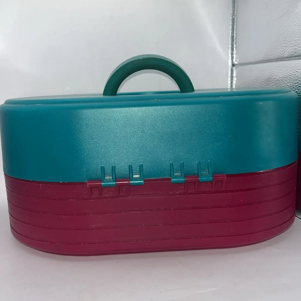 Vintage Caboodles Oval Make Up Organizer Storage Travel Case Maroon Teal 90s